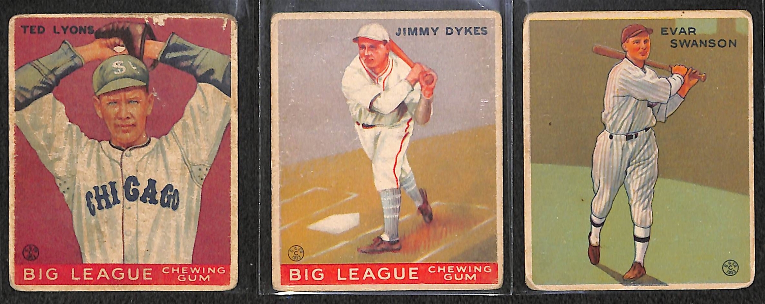 Lot of 3 - 1933 Goudy Baseball Cards w. Ted Lyons, Jimmy Dykes, Evar Swanson 